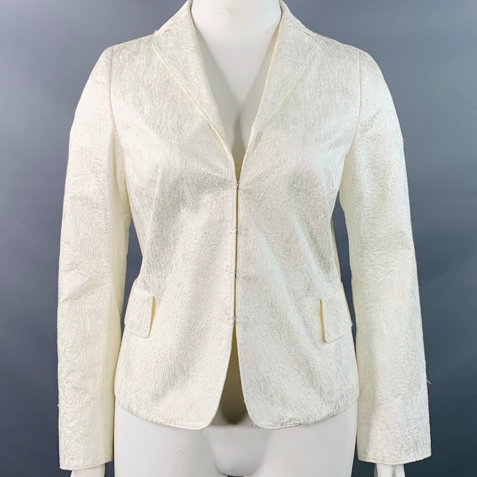 Akris Size 14 Cream Cotton Blend Scribble Stitch Hook Eye Jacket Blazer